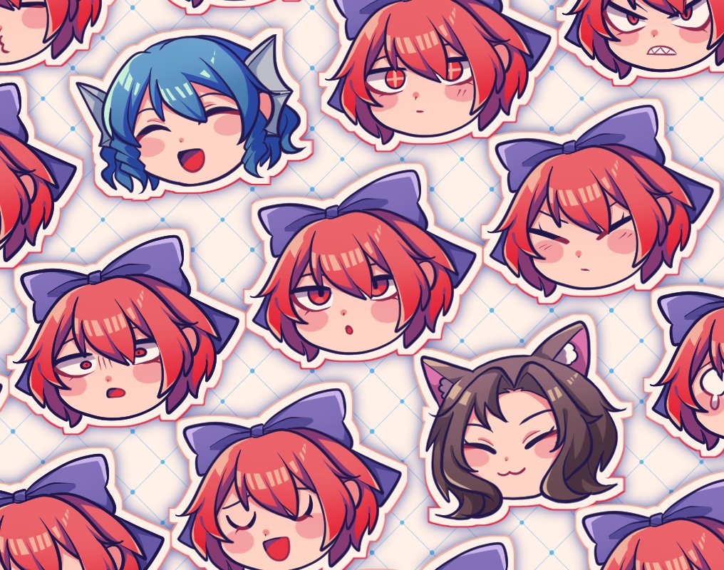 +_+ 1jumangoku 6+girls :o ^_^ animal_ear_fluff animal_ears argyle_background blue_hair blush_stickers bow brown_hair clenched_teeth closed_eyes closed_mouth expressionless eyelashes fins frown hair_bow head_fins head_only imaizumi_kagerou light_frown multiple_girls open_mouth outline purple_bow red_eyes redhead sekibanki sekibanki_day sharp_teeth short_hair simple_background smile sparkling_eyes teeth touhou v-shaped_eyes wakasagihime white_background white_outline wide-eyed wolf_ears