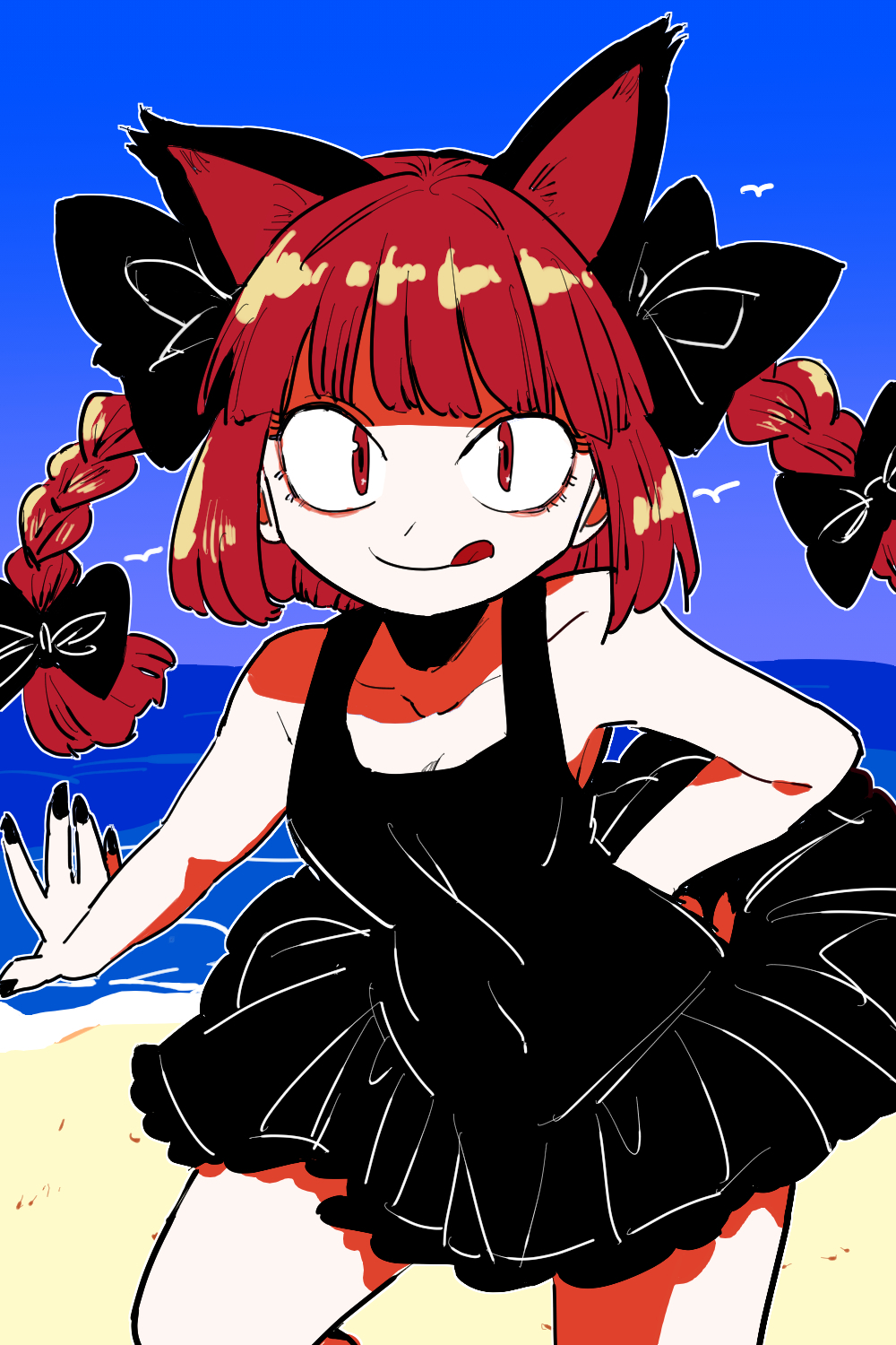 1girl :q alternate_costume animal_ears black_bow black_dress black_nails bollzzalguy bow cat_ears cat_girl closed_mouth dress hair_bow highres kaenbyou_rin looking_at_viewer medium_hair red_eyes redhead sleeveless sleeveless_dress slit_pupils smile solo tongue tongue_out touhou