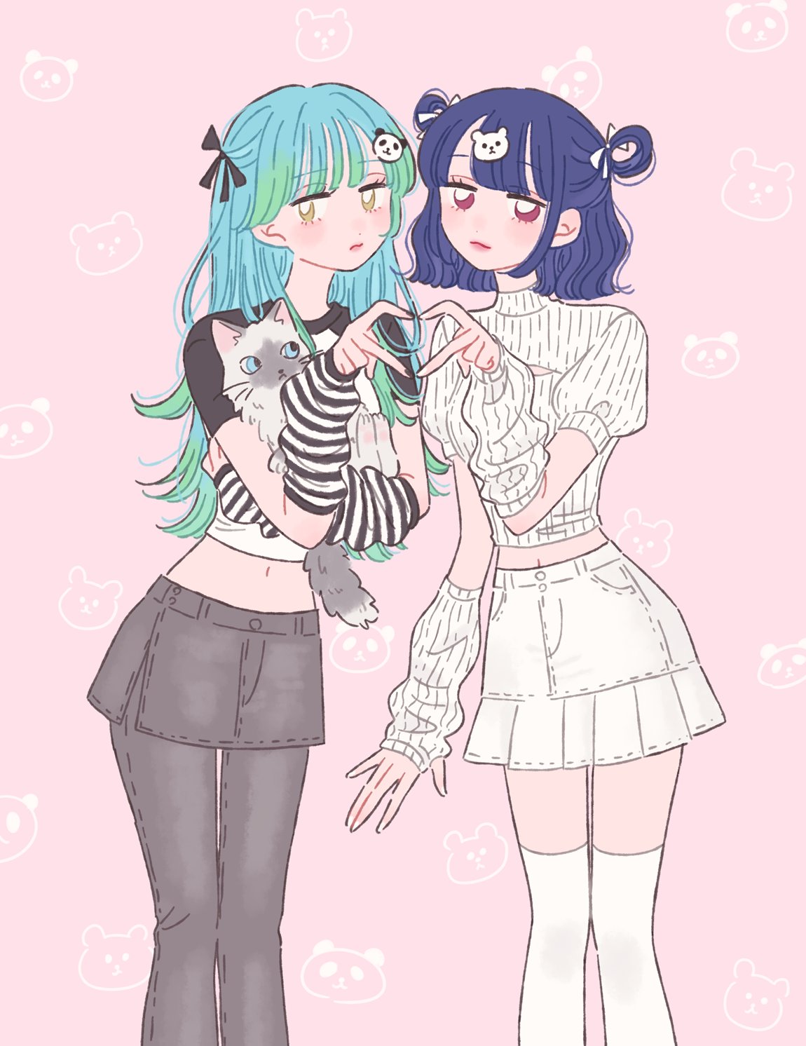 2girls animal aqua_hair arm_warmers black_ribbon black_shirt blue_hair blunt_bangs bright_pupils cat commentary_request crop_top detached_sleeves dog_hair_ornament gradient_hair green_hair grey_pants hair_ornament hair_ribbon heart heart_hands heart_hands_duo highres holding holding_animal holding_cat long_hair long_sleeves looking_at_viewer medium_hair midriff multicolored_hair multiple_girls navel original panda_hair_ornament pants pink_background pleated_skirt puffy_sleeves red_eyes ribbon rikuwo shirt short_sleeves simple_background skirt striped_sleeves sweater thigh-highs turtleneck white_pupils white_shirt white_skirt white_sleeves white_sweater white_thighhighs yellow_eyes