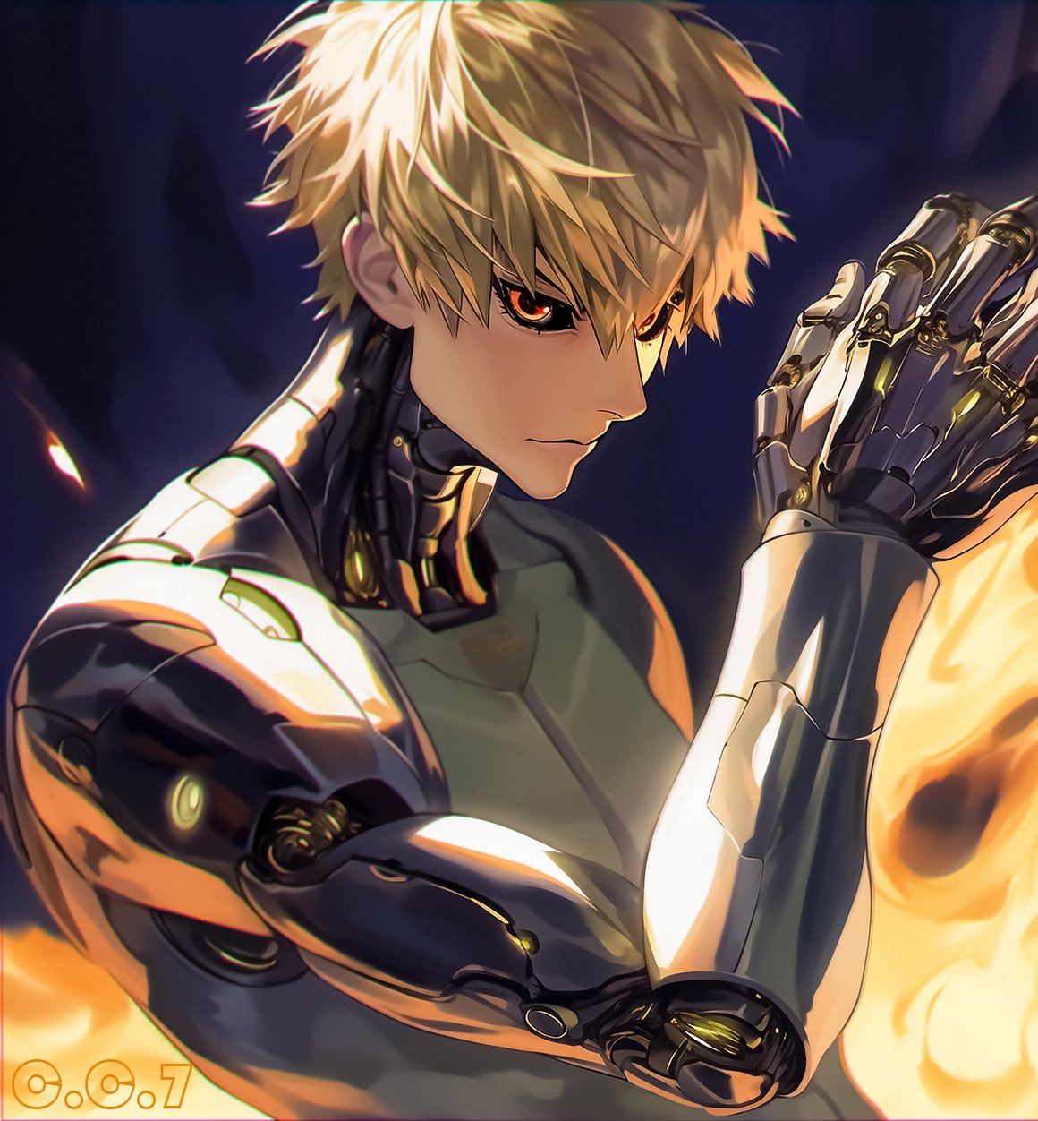 1boy artist_name black_sclera blonde_hair charliecat700 closed_mouth colored_sclera commentary cyborg fire genos highres male_focus one-punch_man orange_eyes short_hair solo