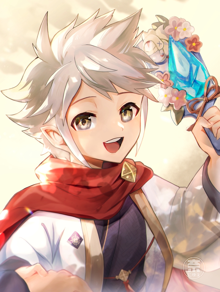 1boy fire_emblem fire_emblem_fates fire_emblem_heroes grey_eyes grey_hair kana_(fire_emblem) kana_(male)_(fire_emblem) kana_(male)_(rising_dragon)_(fire_emblem) new_year official_alternate_costume oh01861884 open_mouth paddle pointy_ears red_sash sash solo spiky_hair teeth upper_body upper_teeth_only