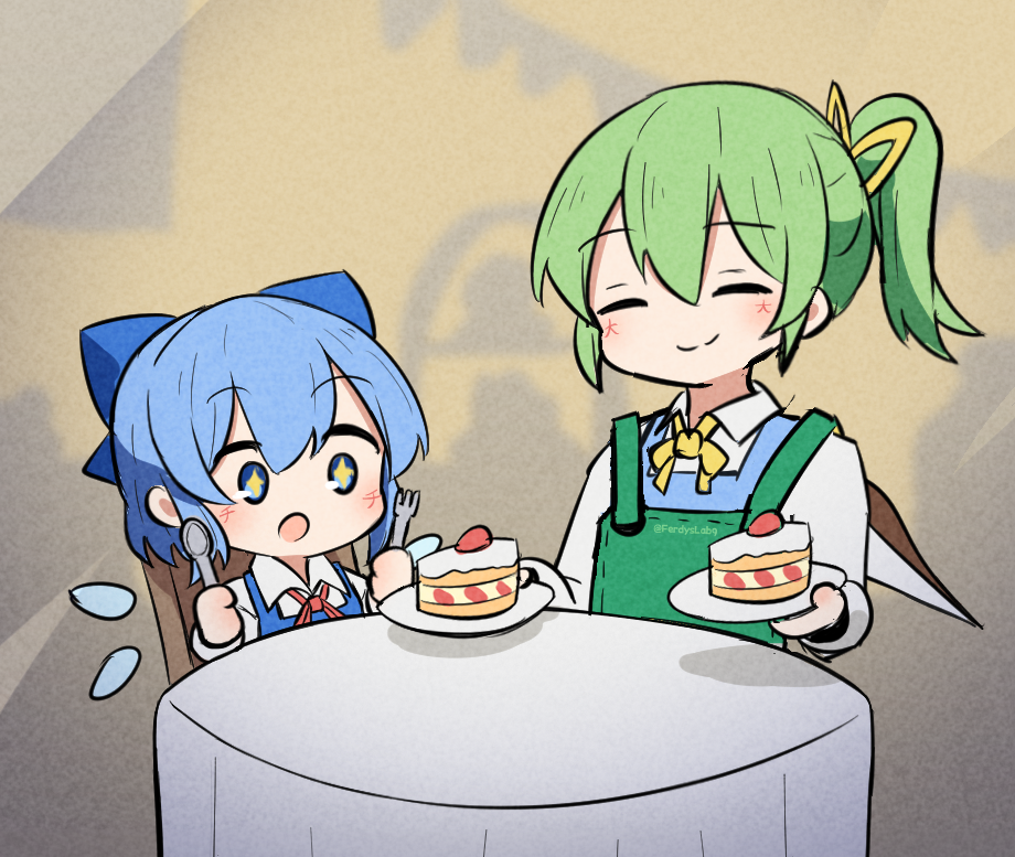 +_+ 2girls :d apron blue_eyes blue_hair cake cirno closed_eyes closed_mouth commentary daiyousei detached_wings english_commentary fairy_wings ferdy's_lab food fork green_apron green_hair holding holding_fork holding_spoon ice ice_wings long_sleeves multiple_girls open_mouth short_hair smile spoon table touhou twitter_username wings