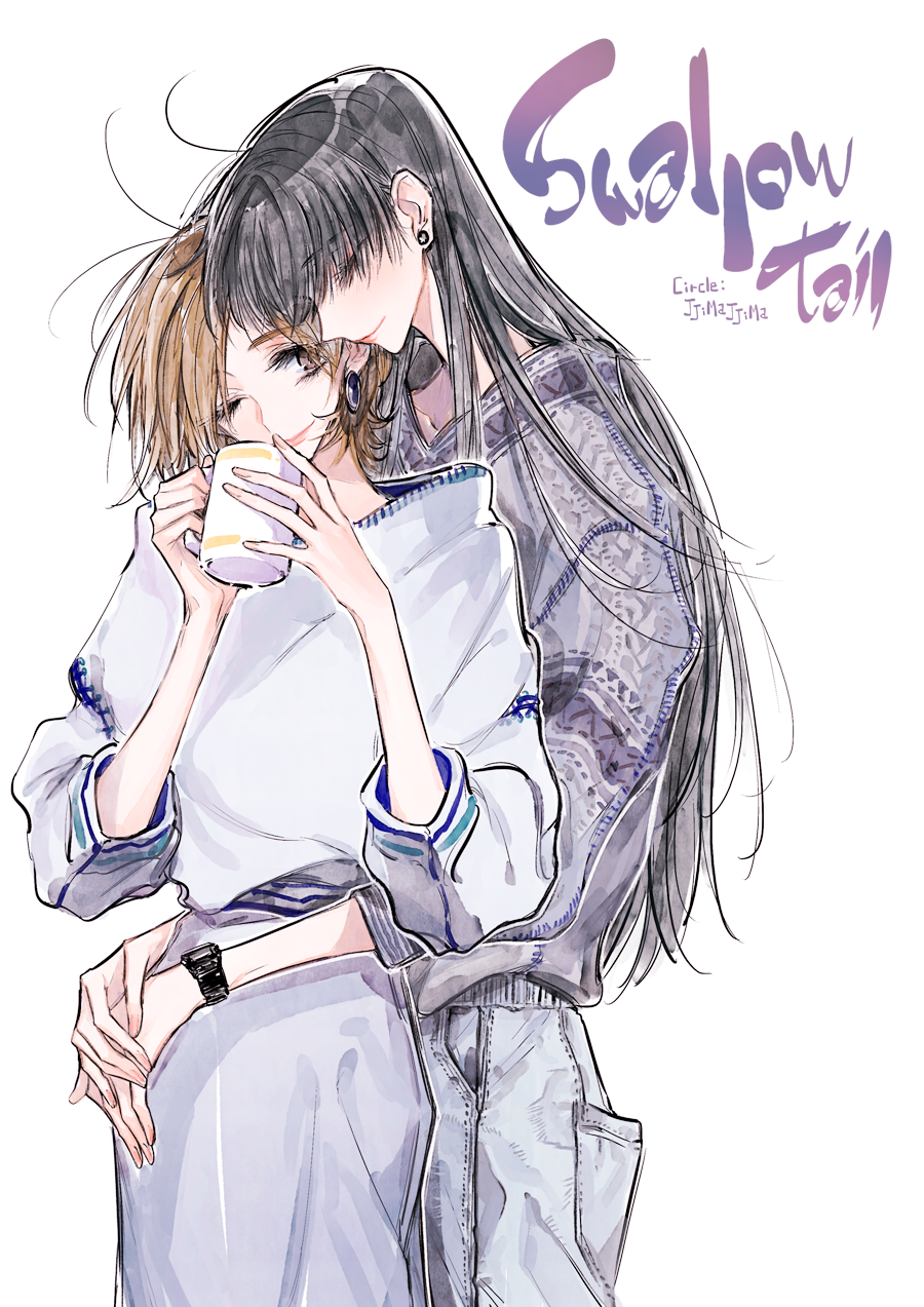 2girls black_hair brown_eyes brown_hair character_request closed_eyes cup denim earrings highres holding holding_cup hug hug_from_behind jewelry long_hair mug multiple_girls one_eye_closed pants shirt short_hair simple_background skirt smile swallow_tail sweater tima watch watch white_background yuri