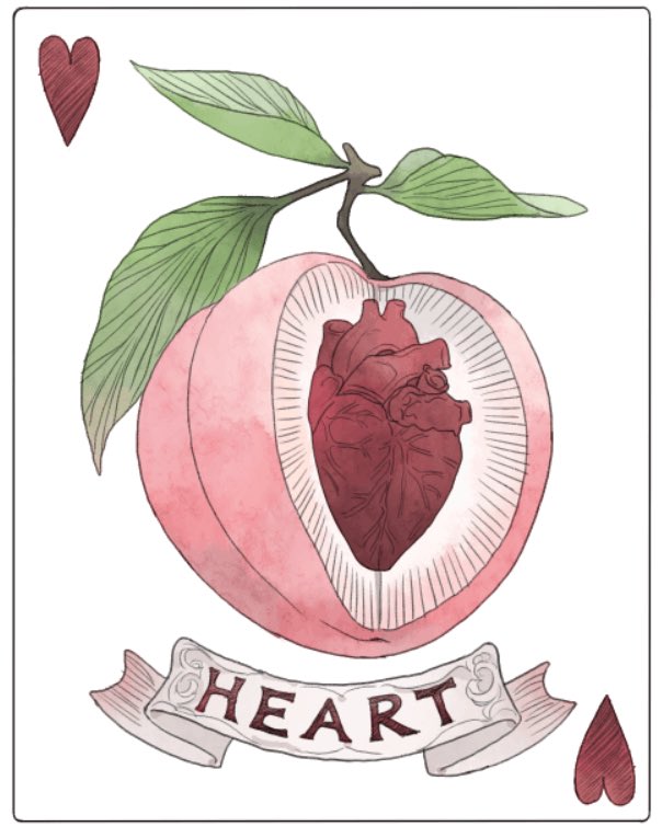 ace_(playing_card) ace_of_hearts banner bity3155660241 card card_(medium) chinese_commentary commentary_request english_text food fruit fruit_focus heart heart_(organ) leaf no_humans original peach playing_card simple_background white_background
