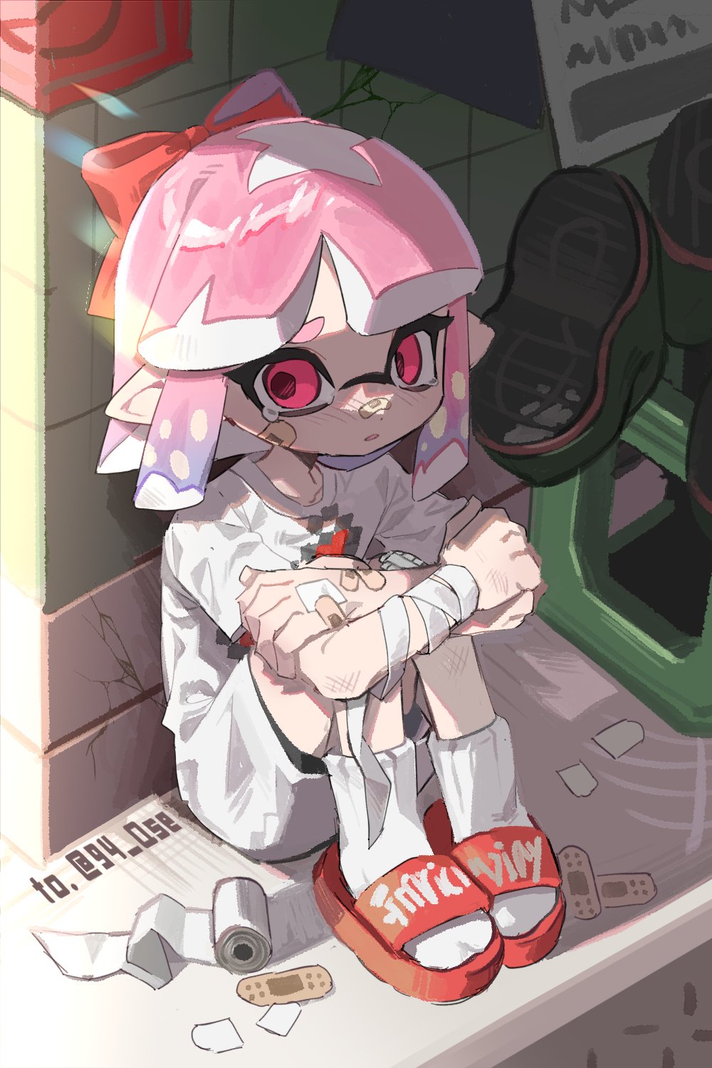 1girl alley ankle_socks bandaged_arm bandages bandaid bandaid_on_arm bandaid_on_face black_shorts blush boots bow commentary crossed_arms dot_nose gradient_hair hair_bow highres hugging_own_legs inkling inkling_girl inkling_player_character medium_hair multicolored_hair parted_lips pink_eyes pink_hair pointy_ears purple_hair red_bow red_footwear sandals shirt short_sleeves shorts sitting socks sodamika solo splatoon_(series) symbol-only_commentary tearing_up tentacle_hair two-tone_hair unworn_boots white_shirt white_socks