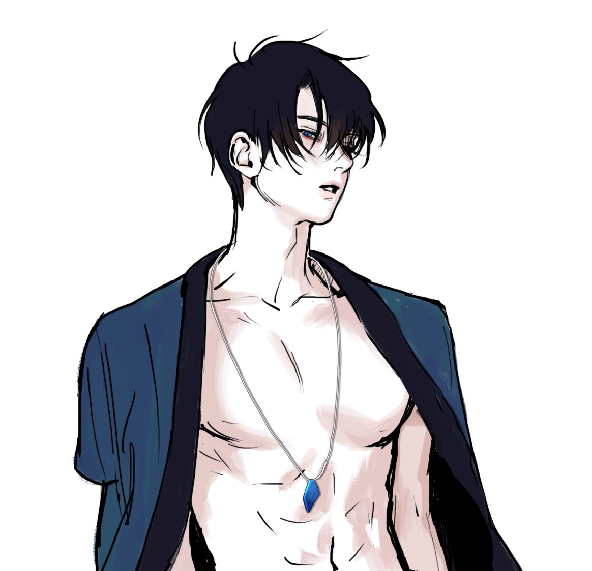 1boy abs akatsuki_no_yona bad_id bad_twitter_id black_hair blue_eyes blue_robe clothes_on_shoulders commentary_request hair_over_one_eye hak_(akatsuki_no_yona) jewelry korean_clothes korean_commentary looking_at_viewer male_focus open_clothes open_robe parted_lips pendant robe short_hair simple_background solo upper_body white_background yona_hyeon