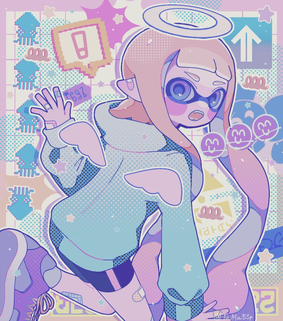 ! 1girl :o back bandaid bandaid_on_arm bandaid_on_ear bandaid_on_leg bike_shorts blonde_hair blue_eyes blue_hoodie blush_stickers commentary drop_shadow fangs foot_out_of_frame gradient_eyes halo hood hoodie inkling inkling_girl inkling_player_character long_hair looking_back multicolored_eyes open_mouth outline pointy_ears shorts solo speech_bubble splatoon_(series) spoken_exclamation_mark standing standing_on_one_leg star_(symbol) symbol-only_commentary tama5sp tentacle_hair twintails two-tone_eyes very_long_hair violet_eyes white_halo white_outline white_wings wings