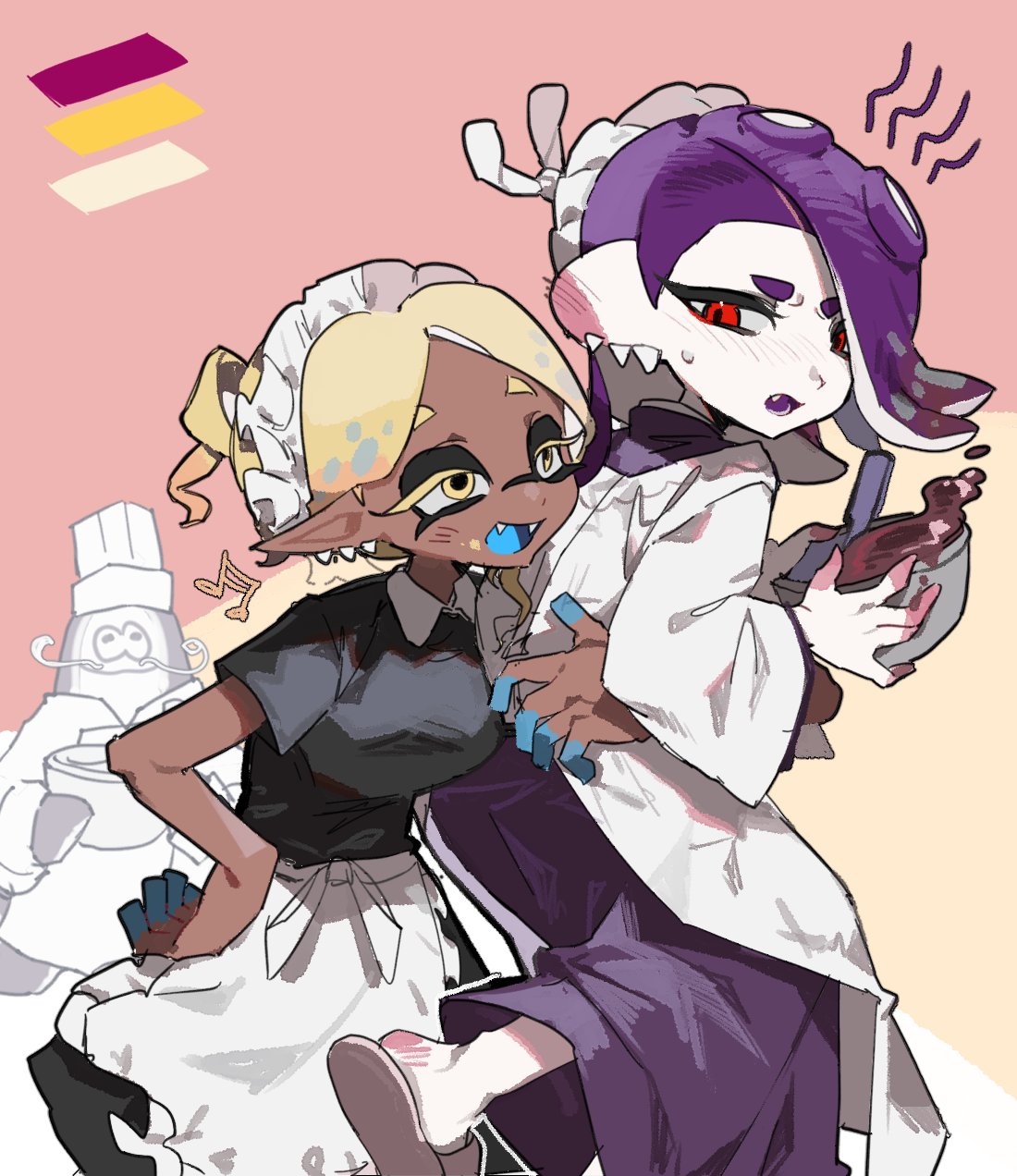 1boy 2girls :d apron big_man_(splatoon) black_dress blonde_hair blush bowl chef_hat colored_eyelashes dark-skinned_female dark_skin dress ear_blush earrings fake_facial_hair fake_mustache fangs food food_on_face frilled_apron frilled_headwear frills frye_(splatoon) hachimaki hair_over_one_eye hand_on_another's_waist hand_on_own_hip hat headband highres holding holding_bowl inkling jewelry looking_back maid maid_apron maid_headdress mixing_bowl multiple_girls musical_note nejiri_hachimaki octoling official_alternate_costume open_mouth pink_background pointy_ears ponytail purple_hair red_eyes shirt shiver_(splatoon) short_sleeves slippers smile sodamika splatoon_(series) splatoon_3 suction_cups sweatdrop teeth tentacle_hair tooth_earrings upper_teeth_only waist_apron white_apron white_headdress white_shirt yellow_eyes