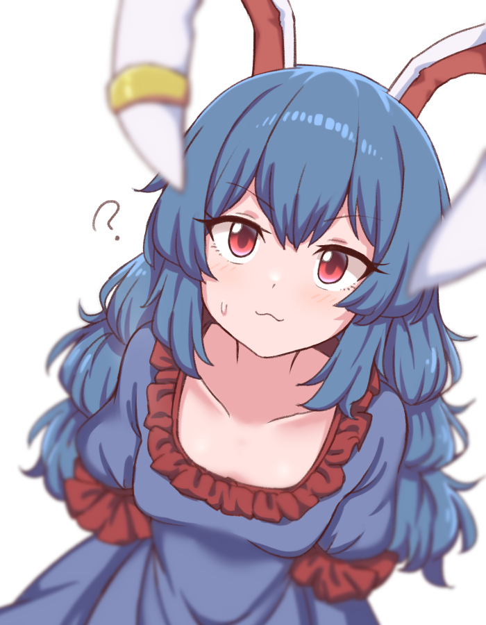 1girl :3 ? animal_ears arms_behind_back blue_dress breasts closed_mouth collarbone dress earclip frilled_dress frills long_hair looking_at_viewer puffy_short_sleeves puffy_sleeves rabbit_ears red_eyes seiran_(touhou) short_sleeves simple_background small_breasts solo sweatdrop touhou white_background wool_(miwol)