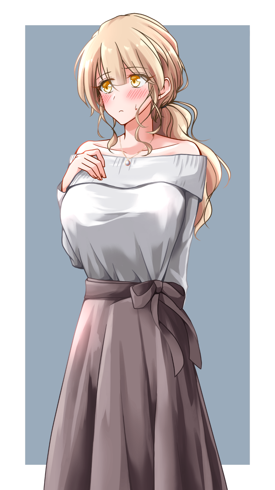 1girl arm_behind_back bare_shoulders blonde_hair blush border breasts brown_skirt closed_mouth collarbone commentary cowboy_shot eyes_visible_through_hair facing_viewer frown grey_background grey_shirt hand_on_own_chest hand_up highres jewelry kakuremino7928 large_breasts long_hair long_skirt long_sleeves looking_to_the_side low_ponytail necklace off-shoulder_shirt off_shoulder original outside_border pendant ponytail shirt shirt_tucked_in sidelocks simple_background skirt solo standing tented_shirt wavy_hair white_border yellow_eyes