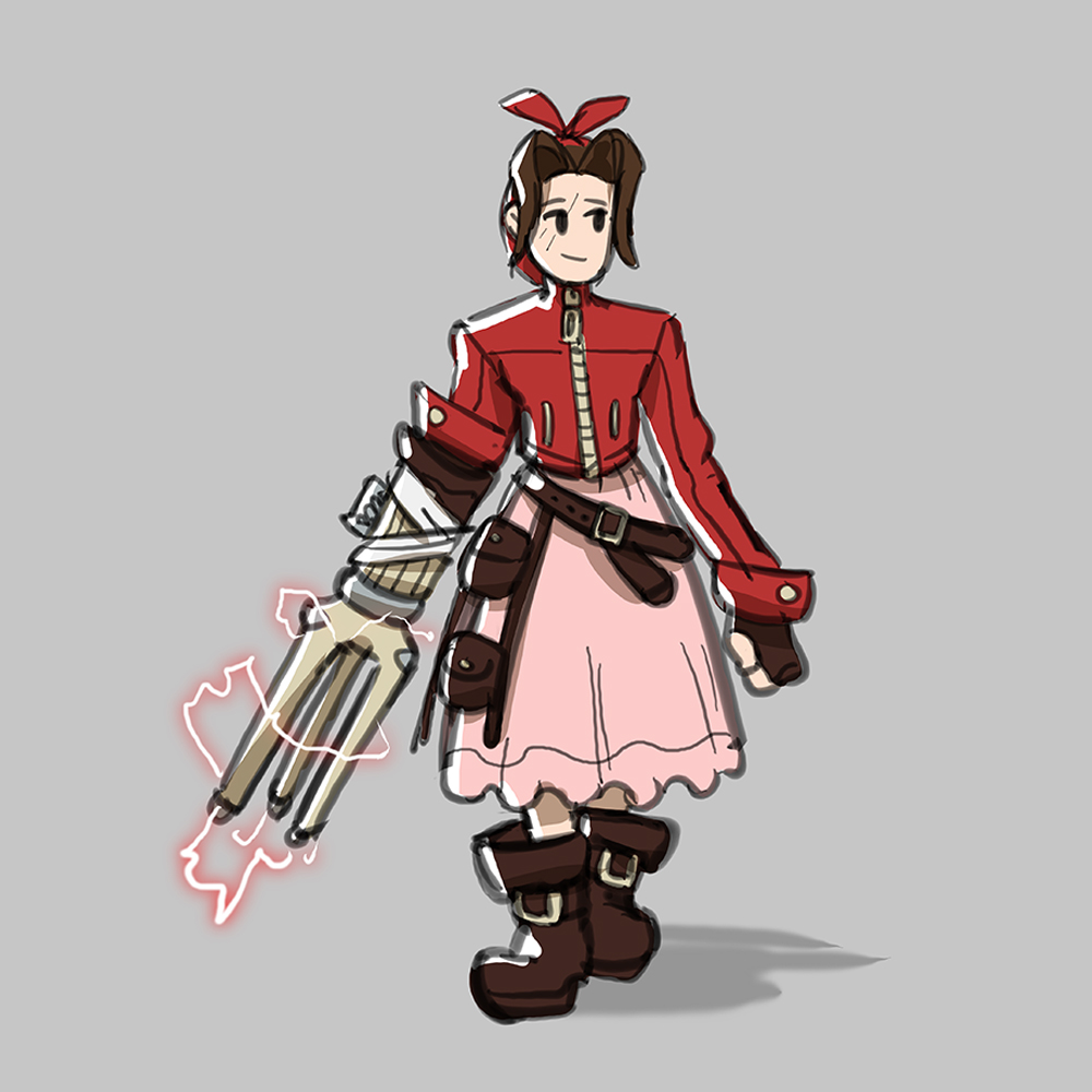 1girl aerith_gainsborough arm_mounted_weapon belt black_pupils brown_gloves brown_hair dress fingerless_gloves gloves grey_background pale_skin pink_dress pointy_hair pouch red_ribbon red_zipped_coat ribbon sketchywindow solo_focus