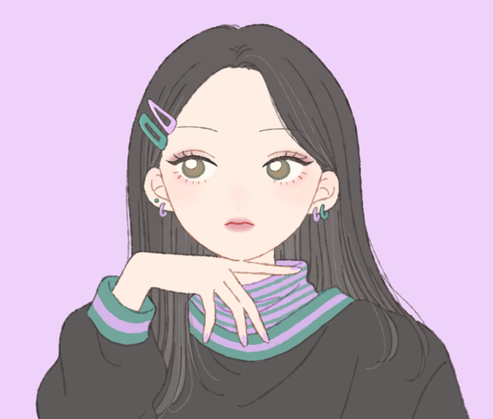 1girl black_hair black_shirt black_sweater bright_pupils brown_eyes earrings hair_behind_ear hair_ornament hairclip hand_up jewelry long_hair long_sleeves looking_to_the_side original pink_background portrait purple_background rikuwo shirt simple_background solo striped_clothes sweater upper_body white_pupils