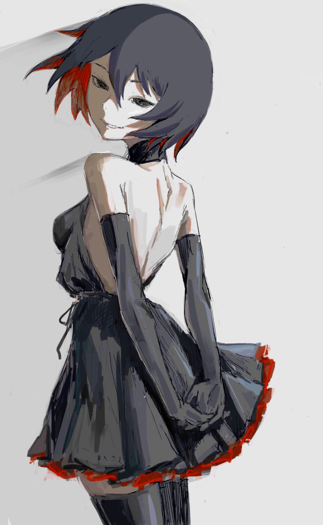 ._(kometto333) 1girl backless_dress backless_outfit black_dress black_eyes black_gloves black_hair black_thighhighs breasts dress elbow_gloves gloves highres looking_at_viewer looking_back monogatari_(series) oshino_ougi owarimonogatari parted_lips short_hair sidelighting sketch small_breasts smile solo thigh-highs zettai_ryouiki