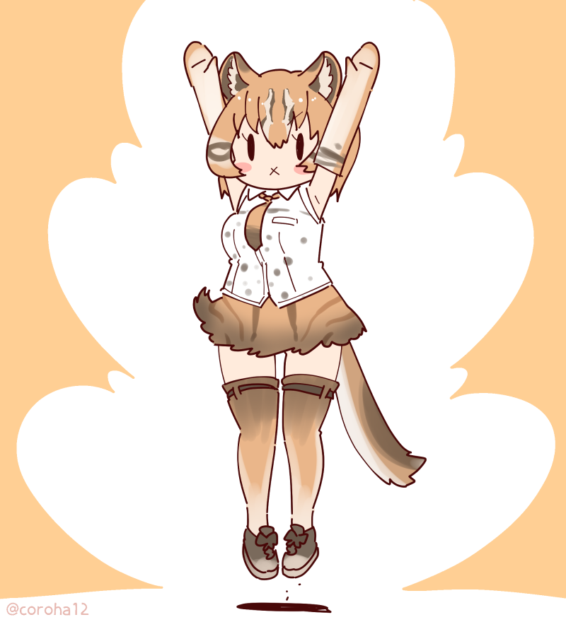 1girl animal_ears arms_up asian_golden_cat_(kemono_friends) brown_background brown_hair cat_ears cat_girl cat_tail coroha elbow_gloves extra_ears full_body gloves jumping kemono_friends looking_at_viewer necktie shirt shoes simple_background skirt sleeveless sleeveless_shirt solo tail thigh-highs