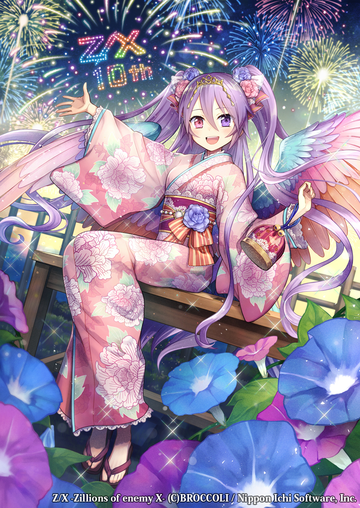 1girl :d copyright_notice feathered_wings fireworks flower geta heterochromia japanese_clothes kalavinka_(z/x) kimono long_hair multicolored_wings obi official_art purple_hair red_eyes ronce sash sitting smile solo teeth upper_teeth_only violet_eyes wings yukata z/x