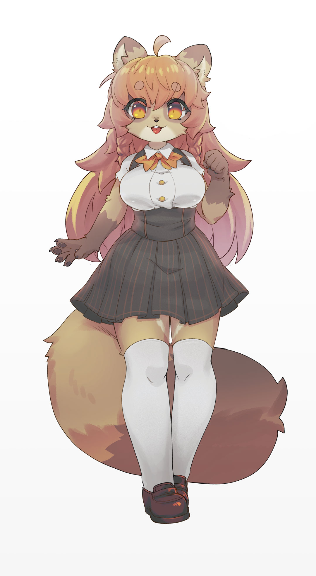 1girl :3 ahoge animal_ears animal_nose black_skirt black_vest body_fur bow bowtie braid brown_footwear brown_fur brown_hair buttons clenched_hand collared_shirt commentary full_body furry furry_female hanadaiteol hand_up highres hikimayu knees_apart_feet_together loafers long_hair looking_at_viewer open_mouth orange_bow orange_bowtie orange_eyes original raccoon_ears raccoon_girl raccoon_tail shirt shoes simple_background skirt skirt_set slit_pupils smile solo standing striped_clothes striped_skirt tachi-e tail thigh-highs twin_braids vest white_background white_shirt white_thighhighs