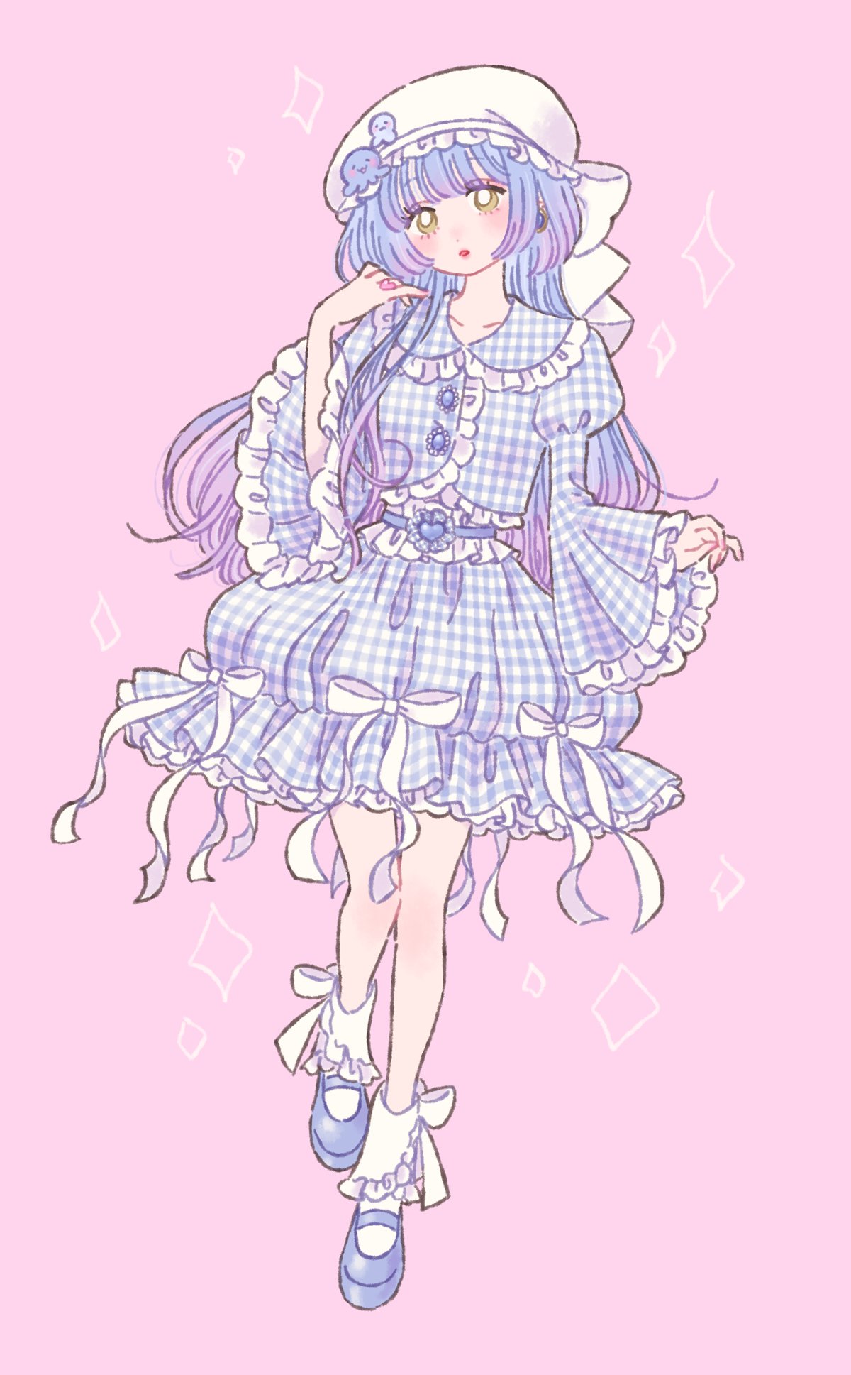 1girl blue_dress blue_footwear blue_hair blush bow dress flower frilled_dress frilled_shirt_collar frilled_sleeves frills full_body hand_up hat hat_bow highres jewelry juliet_sleeves long_hair long_sleeves looking_at_viewer open_mouth original pink_background plaid plaid_dress puffy_sleeves purple_hair ribbon rikuwo ring shoes simple_background socks solo sparkle standing very_long_hair white_bow white_headwear white_socks wide_sleeves yellow_eyes