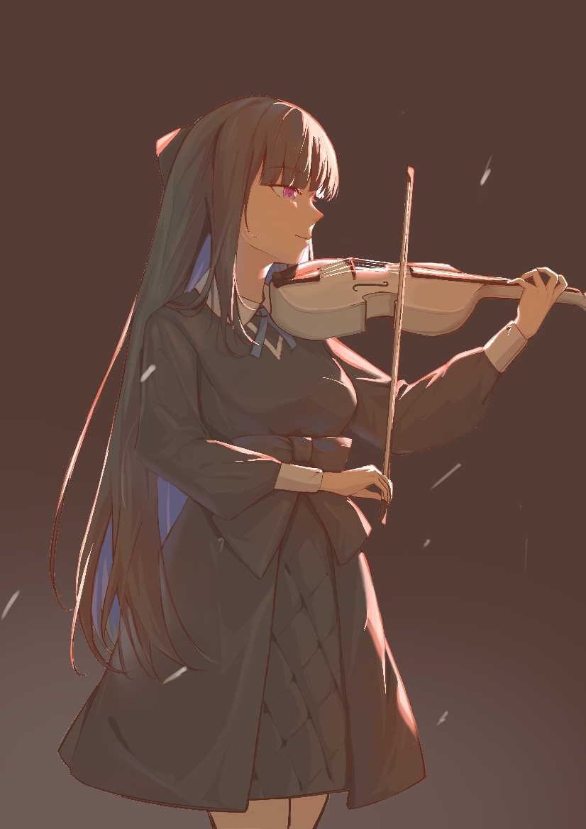 1girl black_background black_bow black_dress black_hair blue_hair bob_cut bow bow_(music) closed_mouth colored_inner_hair dress holding holding_bow_(music) holding_instrument holding_violin instrument long_hair long_sleeves multicolored_hair music playing_instrument punishing:_gray_raven selena_(punishing:_gray_raven) solo violet_eyes violin waist_bow yume_3327