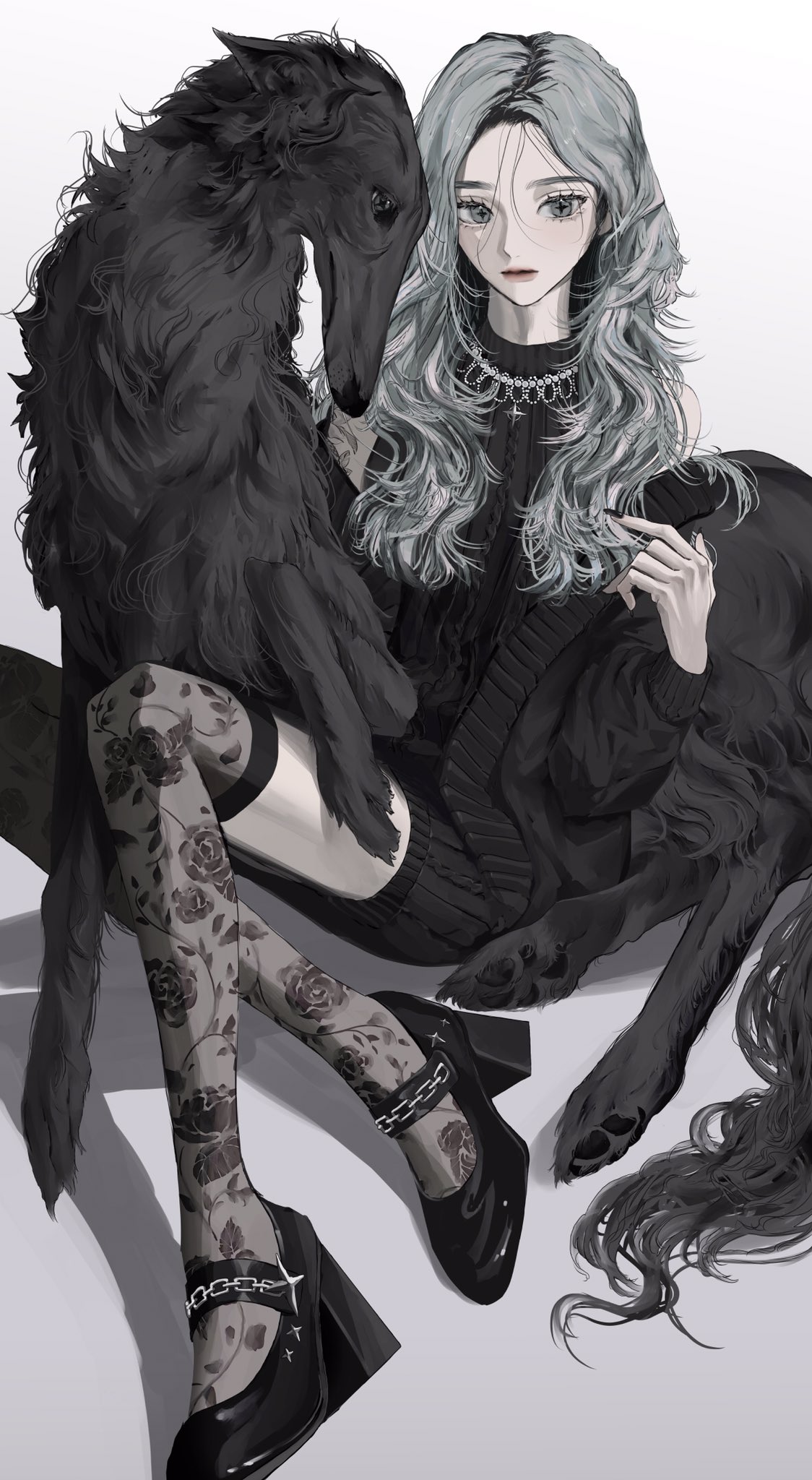 1girl animal bare_shoulders black_dog black_dress black_footwear black_jacket black_nails black_thighhighs borzoi cable_knit closed_mouth dress floral_print full_body grey_eyes grey_hair high_heels highres jacket jewelry kirochy knit_dress long_hair long_sleeves looking_at_viewer necklace off_shoulder open_clothes open_jacket original over-kneehighs pet print_thighhighs see-through see-through_legwear shoes short_dress simple_background sitting sleeveless sleeveless_dress solo star-shaped_pupils star_(symbol) symbol-shaped_pupils thigh-highs wavy_hair white_background