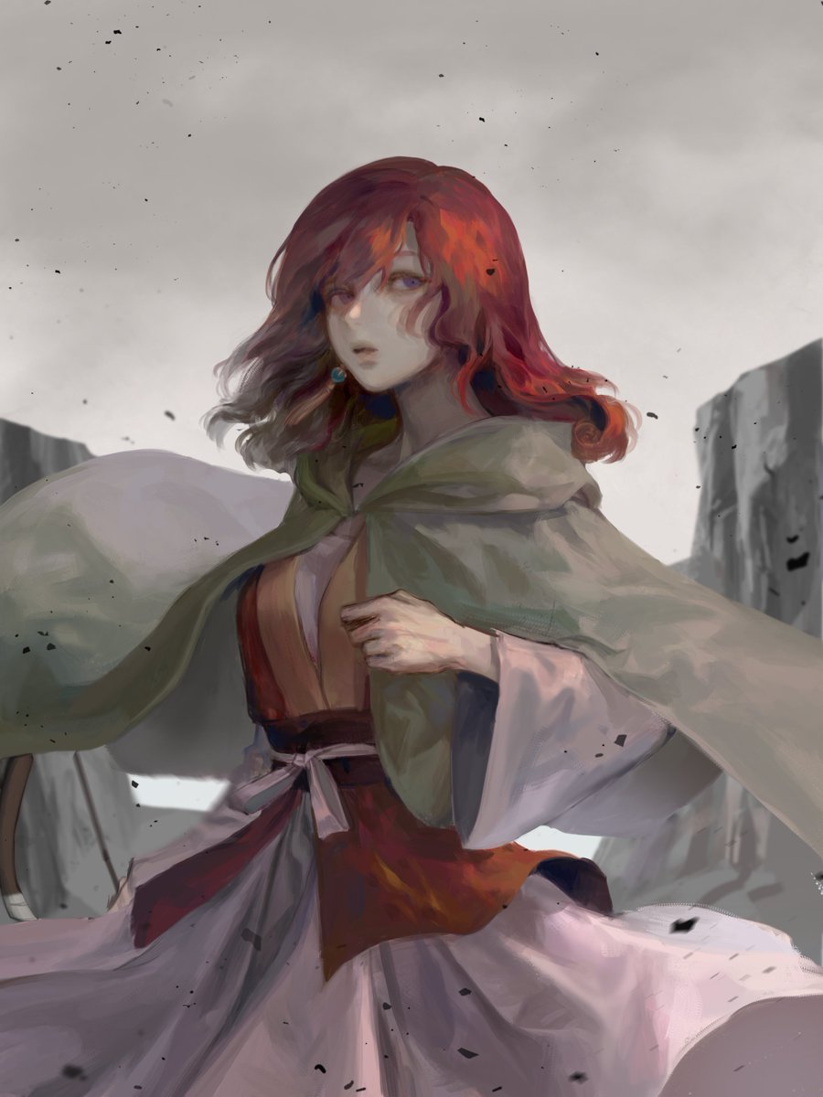 1girl akatsuki_no_yona arm_up bad_id bad_twitter_id belt cape cliff clouds cloudy_sky commentary_request dress earrings floating_clothes hair_between_eyes highres hood hooded_cape jewelry korean_commentary long_dress long_sleeves looking_to_the_side medium_hair pink_belt pink_dress purple_sash red_vest redhead sash sky solo tassel tassel_earrings vest yona_(akatsuki_no_yona) yona_hyeon