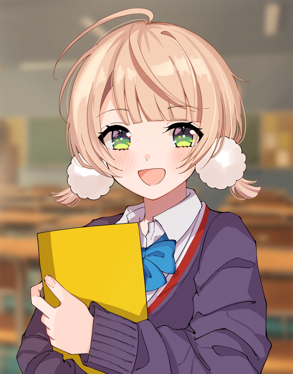 1girl :d ahoge blue_bow blue_bowtie blunt_bangs blurry blurry_background book bow bowtie chalkboard classroom collared_shirt desk dot_nose highres holding holding_book indie_virtual_youtuber indoors light_brown_hair looking_at_viewer low_twintails no_no_no_no_ko open_mouth pom_pom_(clothes) purple_sweater school_desk shigure_ui_(vtuber) shigure_ui_(vtuber)_(1st_costume) shirt short_hair short_twintails sidelocks sleeve_cuffs smile sweater twintails virtual_youtuber