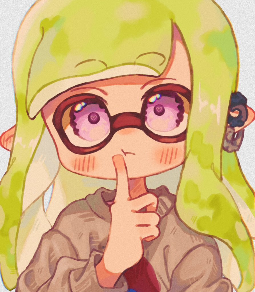 1girl closed_mouth commentary_request eyebrows_hidden_by_hair finger_to_mouth green_hair grey_sweater heart heart-shaped_pupils inkling inkling_girl inkling_player_character long_hair ochocho2828 pointy_ears print_sweater simple_background solo splatoon_(series) sweater symbol-shaped_pupils tentacle_hair thick_eyebrows upper_body violet_eyes white_background