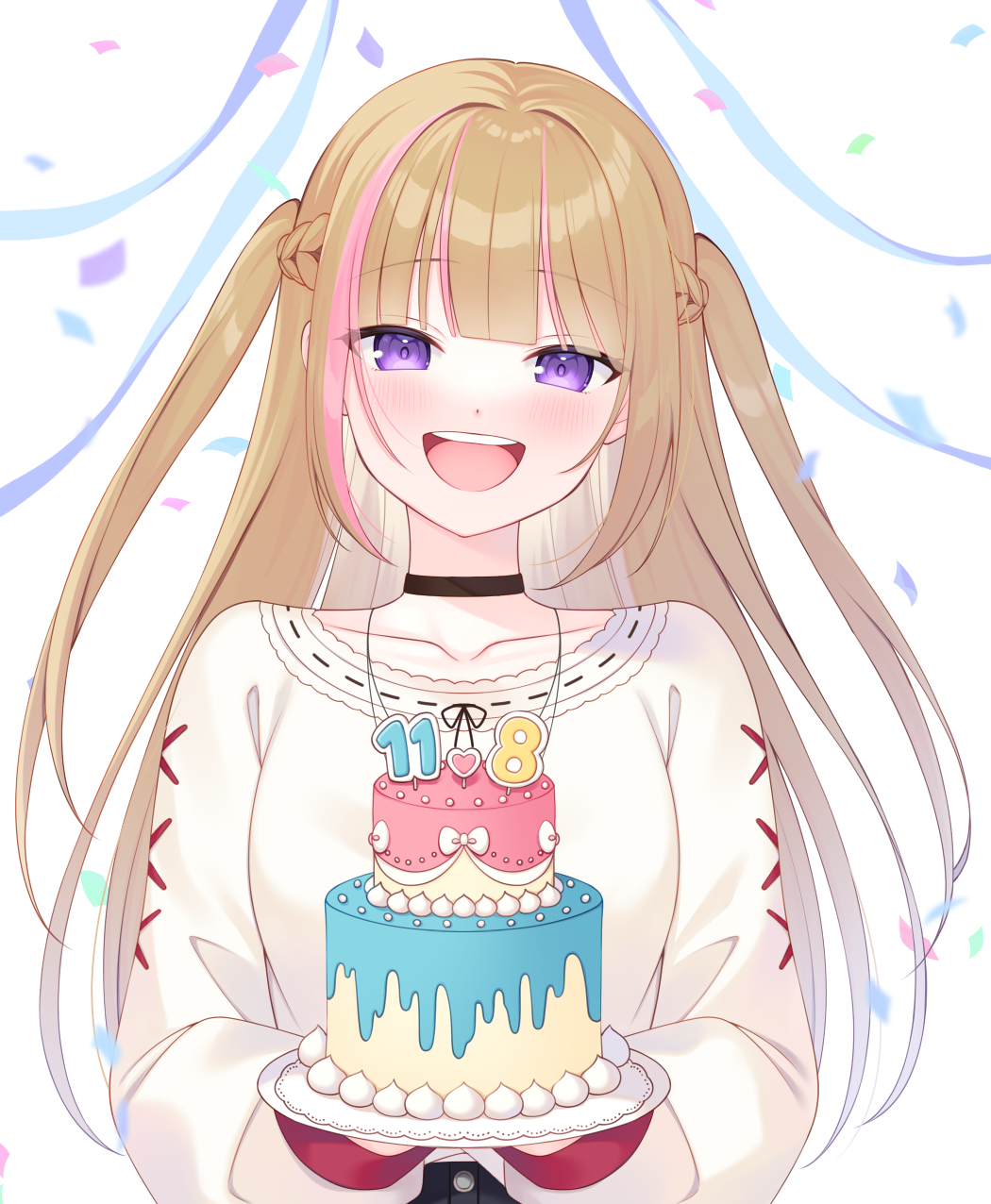 1girl blush braid brown_choker brown_hair cake choker commission food highres holding holding_plate jewelry long_hair long_sleeves multicolored_hair nata_ichio necklace open_mouth original pink_hair plate shirt skeb_commission smile solo very_long_hair violet_eyes white_shirt