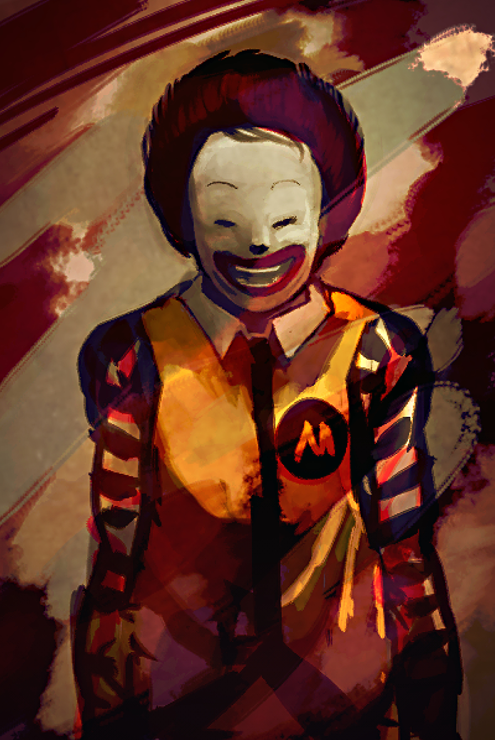 1boy afro closed_eyes clown commentary_request facepaint facing_viewer highres male_focus mcdonald's piaki redhead ronald_mcdonald short_hair solo striped_sleeves