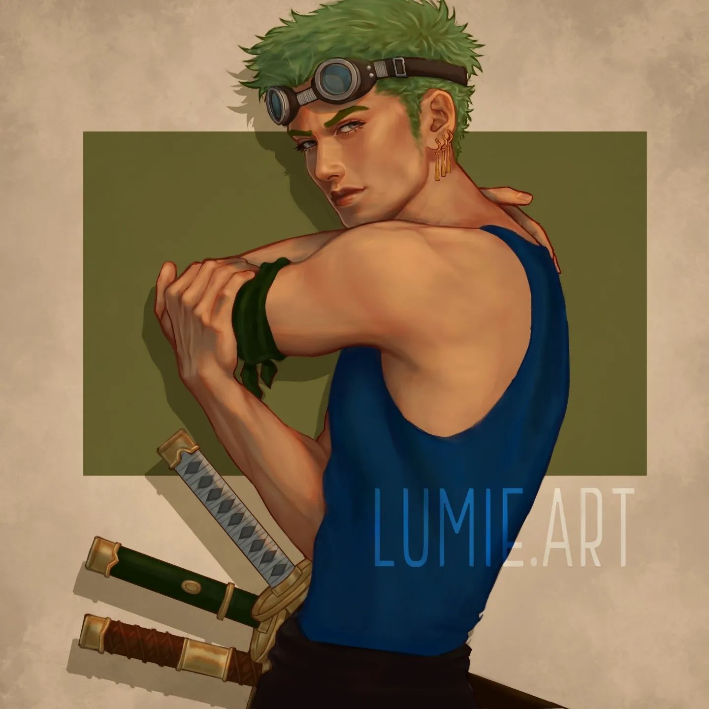 1boy artist_name bandana bandana_around_arm bare_shoulders blue_tank_top closed_mouth earrings goggles goggles_on_head green_hair highres jewelry katana looking_at_viewer lumie.art male_focus official_alternate_costume one_piece roronoa_zoro short_hair single_earring solo sword tank_top weapon