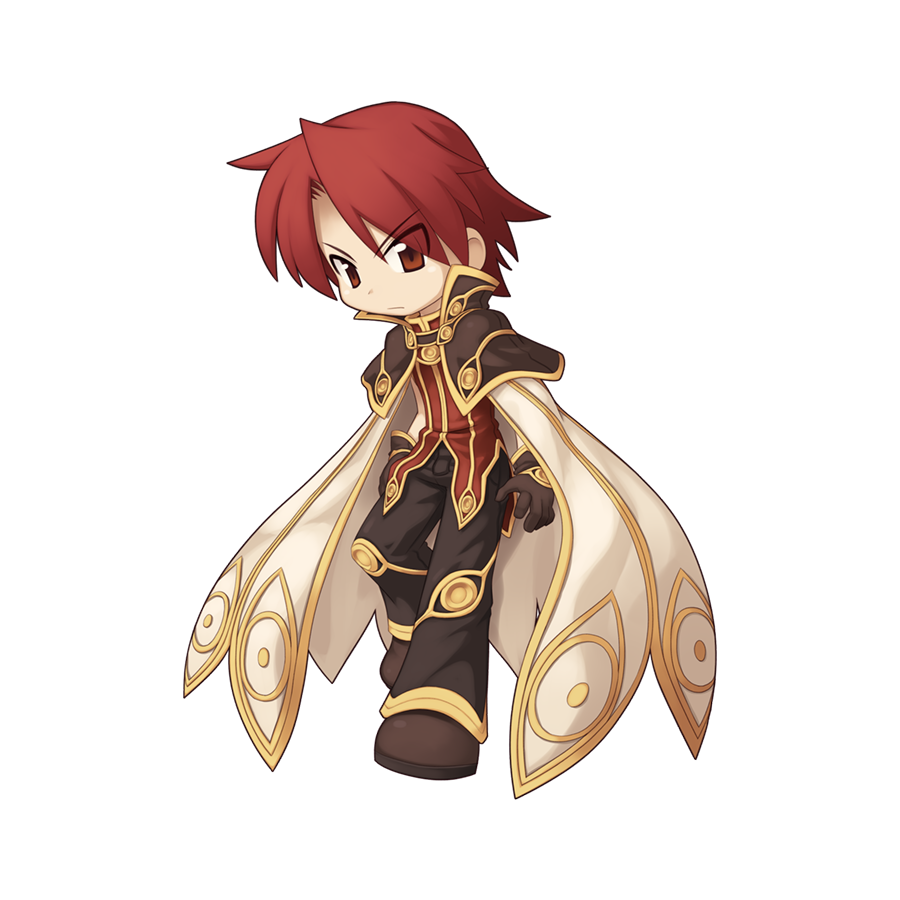 1boy black_pants brown_capelet brown_footwear brown_gloves cape capelet chibi closed_mouth frown full_body gloves gold_trim long_bangs male_focus official_art pants ragnarok_online red_eyes red_shirt redhead shirt shoes simple_background solo staff standing tachi-e transparent_background v-shaped_eyebrows white_cape wizard_(ragnarok_online) yuichirou