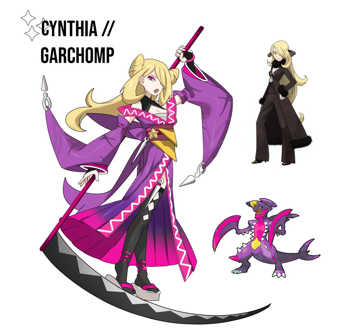1girl alternate_color alternate_costume alternate_hairstyle black_thighhighs blonde_hair character_name chest_sarashi commentary cynthia_(pokemon) english_commentary eyeshadow garchomp hair_over_one_eye holding holding_scythe holding_weapon kunai long_hair makeup mega_garchomp official_art_inset okobo open_mouth pink_eyeshadow pokemon pokemon_(creature) pokemon_dppt reference_inset rhymewithray sandals sarashi scythe shiny_pokemon simple_background sparkle standing thigh-highs weapon white_background wide_sleeves