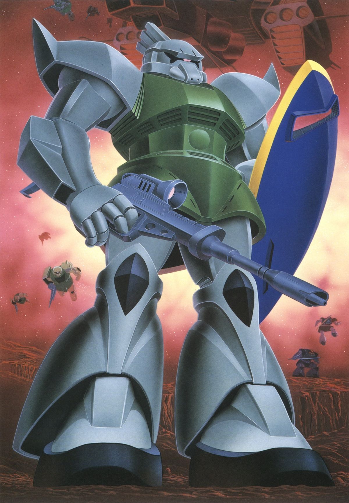 1970s_(style) 1980s_(style) army artist_request asteroid beam_rifle box_art energy_gun fleet gelgoog gundam highres mecha mobile_suit mobile_suit_gundam no_humans official_art one-eyed painting_(medium) promotional_art retro_artstyle robot scan science_fiction shield space spacecraft traditional_media weapon zeon zero_gravity