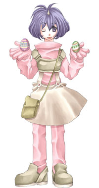 1girl alternate_costume bad_id bag bob_cut bodysuit brown_bag brown_footwear brown_skirt chest_guard easter_egg egg eiko_carol final_fantasy final_fantasy_ix full_body gloves hands_up happy holding holding_egg horns looking_at_viewer lowres one_eye_closed open_mouth pink_bodysuit pink_gloves purple_hair rendezvous shoes shoulder_bag simple_background single_horn skirt smile solo standing suspenders violet_eyes white_background