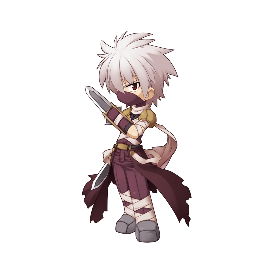 1boy armor assassin_(ragnarok_online) bandages brown_cape brown_pants brown_shirt cape chibi dagger dual_wielding full_body grey_footwear grey_hair hair_between_eyes holding holding_dagger holding_knife holding_weapon jamadhar knife long_bangs looking_at_viewer male_focus mask mouth_mask ninja_mask official_art pants pauldrons ragnarok_online red_eyes scarf shirt shoes short_hair shoulder_armor simple_background sleeveless sleeveless_shirt solo spiky_hair standing tachi-e torn_cape torn_clothes torn_scarf transparent_background waist_cape weapon white_scarf yuichirou