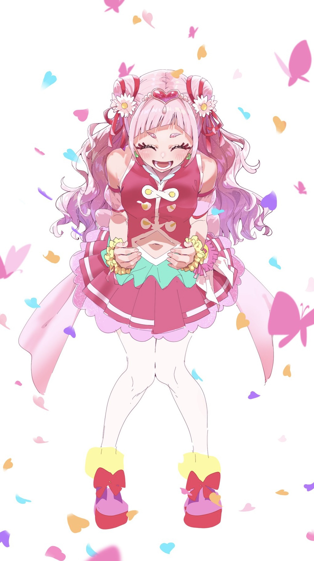 1girl back_bow bow breasts bug butterfly clover_earrings cone_hair_bun cure_yell earrings flower full_body gradient_background hair_bun hair_flower hair_ornament hair_ribbon heart heart_hair_ornament heart_pouch highres hugtto!_precure jewelry layered_skirt long_hair magical_girl navel nono_hana open_mouth pink_hair pink_shirt pink_skirt precure ribbon shirt skirt small_breasts smile solo thick_eyelashes thigh-highs tsukuda_hayato waist_brooch white_background