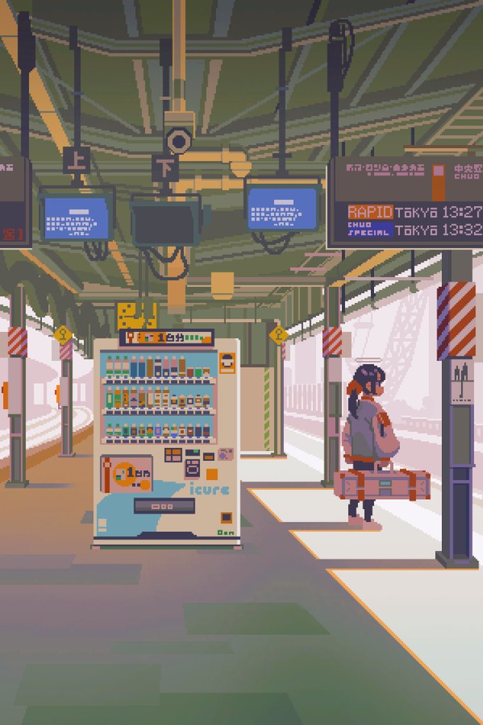 1girl arms_at_sides black_pants brown_hair cityscape day grey_jacket halo holding_case instant_onion jacket letterman_jacket long_hair long_sleeves looking_ahead low_ponytail original outdoors pants pixel_art profile scenery shadow sidelocks sign solo standing train_station_platform vending_machine wide_shot