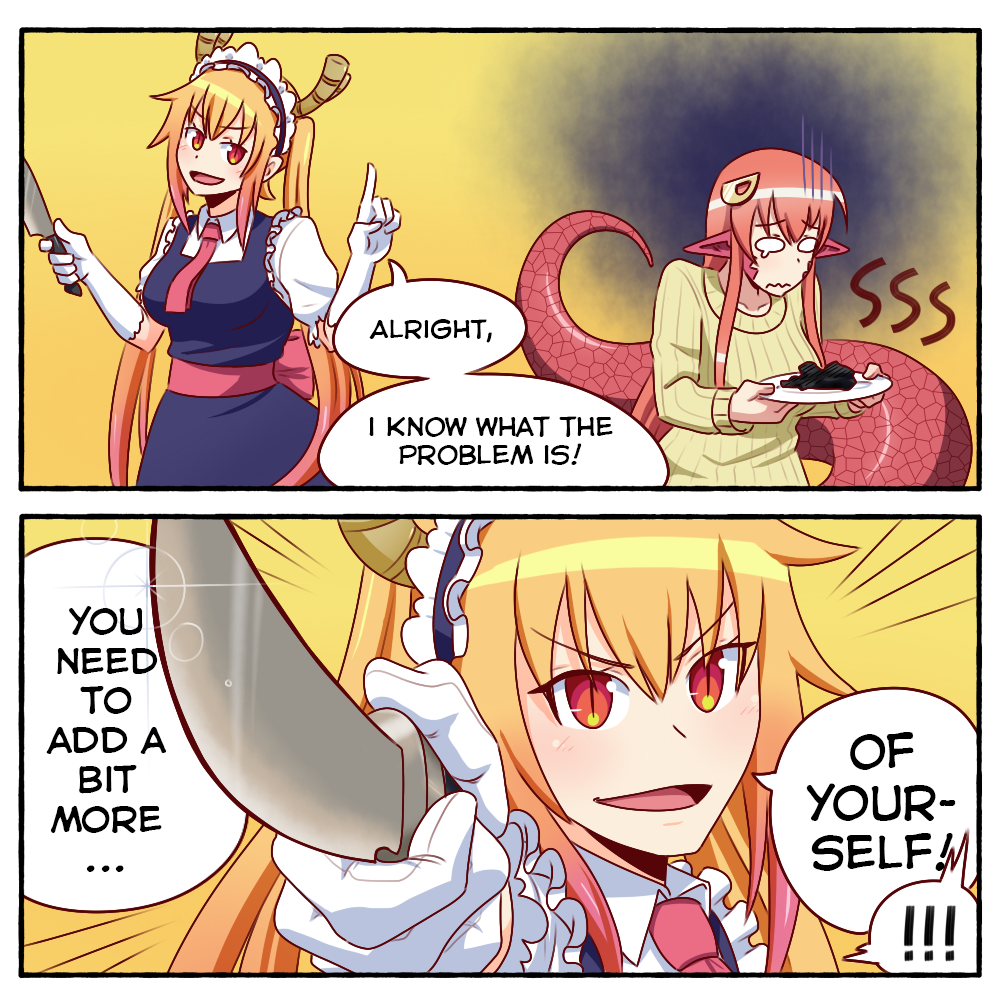 2girls blonde_hair commentary crossover dot_nose dragon_girl dragon_horns elbow_gloves english_commentary english_text food gloves gradient_hair hair_ornament hairclip holding holding_knife holding_plate horns knife kobayashi-san_chi_no_maidragon lamia long_hair long_sleeves maid maid_headdress miia_(monster_musume) monmusu monster monster_girl multicolored_hair multiple_girls necktie orange_eyes plate pointing_weapon pointy_ears puffy_short_sleeves puffy_sleeves purple_hair red_necktie redhead shirt short_sleeves silent-shanin snake_tail speech_bubble sweater tail tohru_(maidragon) very_long_hair white_gloves white_shirt wide_oval_eyes yellow_background yellow_sweater