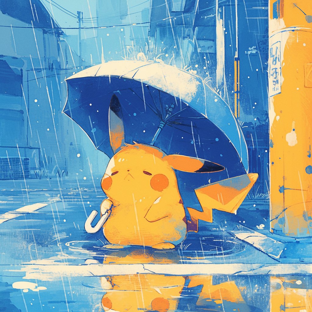 :&lt; ai-generated blue_background blue_theme building city closed_eyes closed_mouth commentary english_commentary full_body holding holding_umbrella no_humans outdoors pikachu pokemon pokemon_(creature) power_lines puddle rain solo splashing standing tarte_(hodarake) umbrella utility_pole water