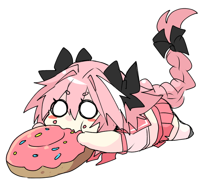 1boy astolfo_(fate) astolfo_(sailor_paladin)_(fate) black_bow black_footwear blush_stickers bow braid chibi crop_top doughnut eating fang fate/apocrypha fate/grand_order fate_(series) food food_in_mouth food_on_face hair_between_eyes hair_bow hair_intakes haoro long_braid long_hair lying male_focus multicolored_hair neckerchief official_alternate_costume on_stomach otoko_no_ko oversized_food oversized_object pink_hair pink_neckerchief pink_sailor_collar pink_skirt pleated_skirt plump sailor_collar school_uniform serafuku shirt short_eyebrows short_sleeves simple_background single_braid skin_fang skirt solid_circle_eyes solo sprinkles streaked_hair thigh-highs two-tone_hair very_long_hair white_background white_hair white_shirt white_thighhighs