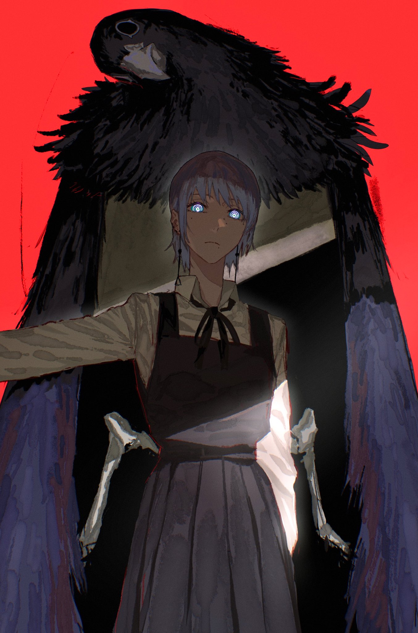 1girl bird black_skirt bone chainsaw_man demon earrings fami_(chainsaw_man) feathered_wings feathers guillotine highres jewelry kota_2kx looking_at_viewer pigeon red_background school_uniform shirt skirt white_shirt wings