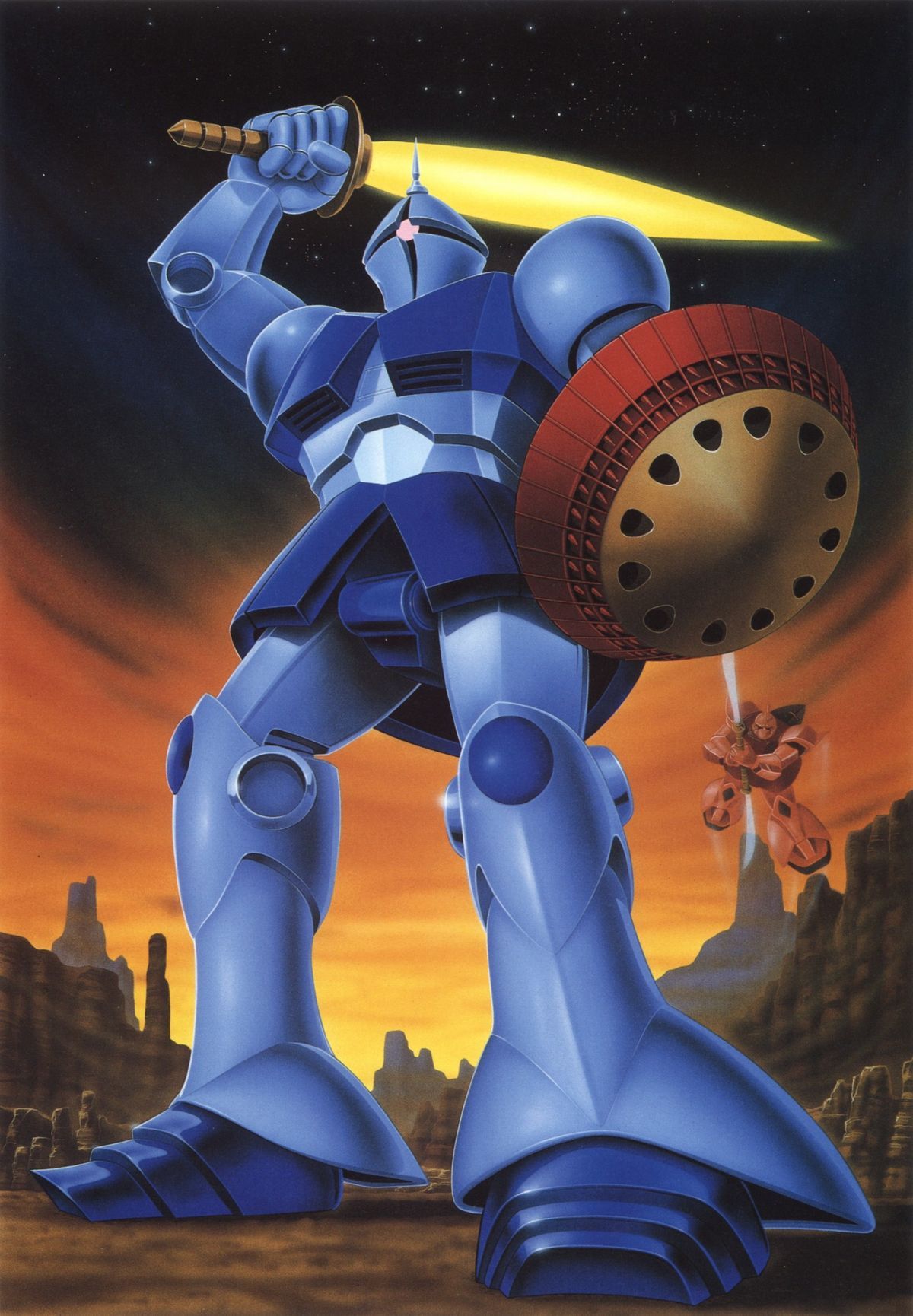 1980s_(style) artist_request beam_saber box_art desert gelgoog gelgoog_s_char_custom gundam gyan highres mecha missile_pod mobile_suit mobile_suit_gundam no_humans official_art one-eyed promotional_art radio_antenna retro_artstyle robot scan science_fiction shield sky space_station spacecraft_interior spoilers star_(sky) starry_background starry_sky traditional_media window zeon