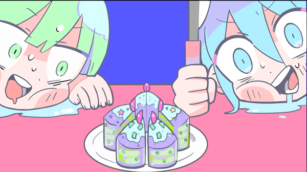 1boy 1girl blue_background blue_eyes blue_hair blunt_bangs blush_stickers cake cake_slice character_request commentary_request copyright_request drooling food green_eyes green_hair hair_between_eyes hand_on_table head_on_table holding holding_knife knife looking_at_food open_mouth plate portrait saliva_pool simple_background smile sweat table teeth terada_tera v-shaped_eyebrows wide-eyed
