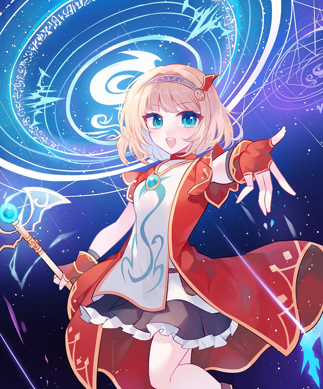 1girl black_skirt blonde_hair blue_eyes blue_hairband coat evan_(maplestory) fingerless_gloves g_ieep gloves hairband highres holding holding_staff jewelry maplestory miniskirt necklace open_clothes open_coat outstretched_arm pleated_skirt red_coat red_gloves round_teeth short_hair skirt sleeveless sleeveless_coat solo staff teeth upper_teeth_only yellow_trim