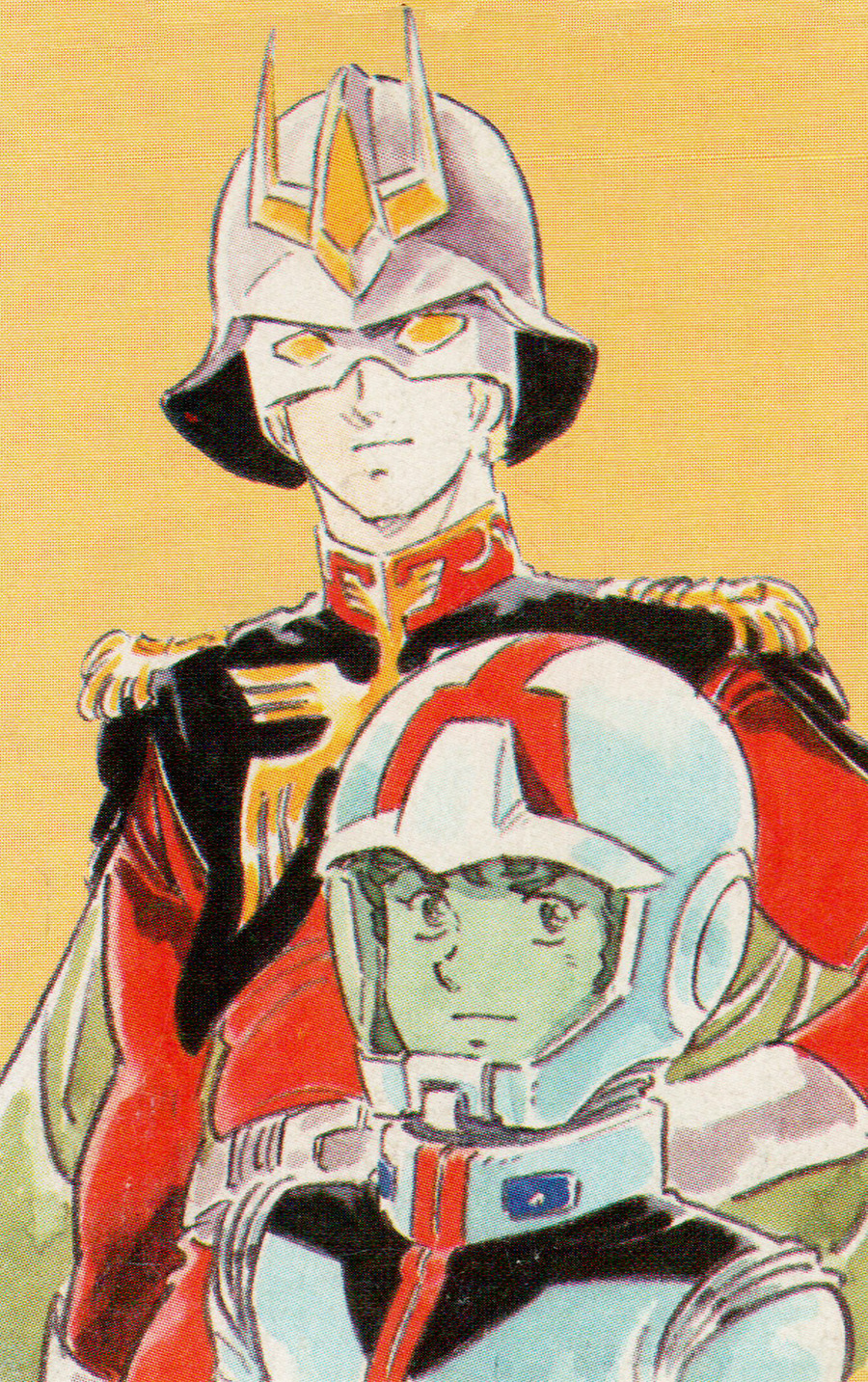 1970s_(style) 1980s_(style) 2boys age_difference alternate_universe amuro_ray artist_request belt char_aznable concept_art earth_federation_space_forces friends gloves good_end gundam helmet highres looking_to_the_side marker_(medium) military military_uniform mobile_suit_gundam multiple_boys portrait production_art retro_artstyle scan science_fiction spacesuit traditional_media uniform zeon