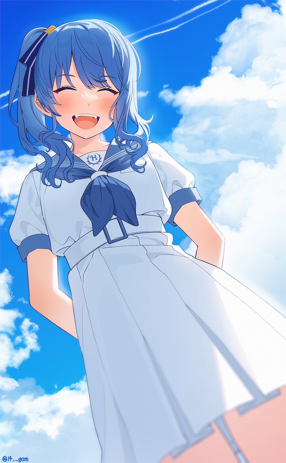 14_(vision5032) 1girl :d aqua_sailor_collar arm_behind_back belt blue_eyes blue_hair blue_neckerchief blue_ribbon blush closed_eyes clouds cloudy_sky collarbone commentary_request contrail day from_below hair_between_eyes hair_over_shoulder hair_ribbon hashtag_only_commentary highres holohoneygaoka_high_school_uniform holohoneygaoka_koukou hololive hoshimachi_suisei knees_out_of_frame long_hair neckerchief official_alternate_costume official_art outdoors pleated_skirt puffy_short_sleeves puffy_sleeves ribbon sailor_collar school_uniform serafuku shirt short_sleeves side_ponytail sidelocks skirt sky smile solo standing teeth twitter_username upper_teeth_only virtual_youtuber white_belt white_serafuku white_shirt white_skirt