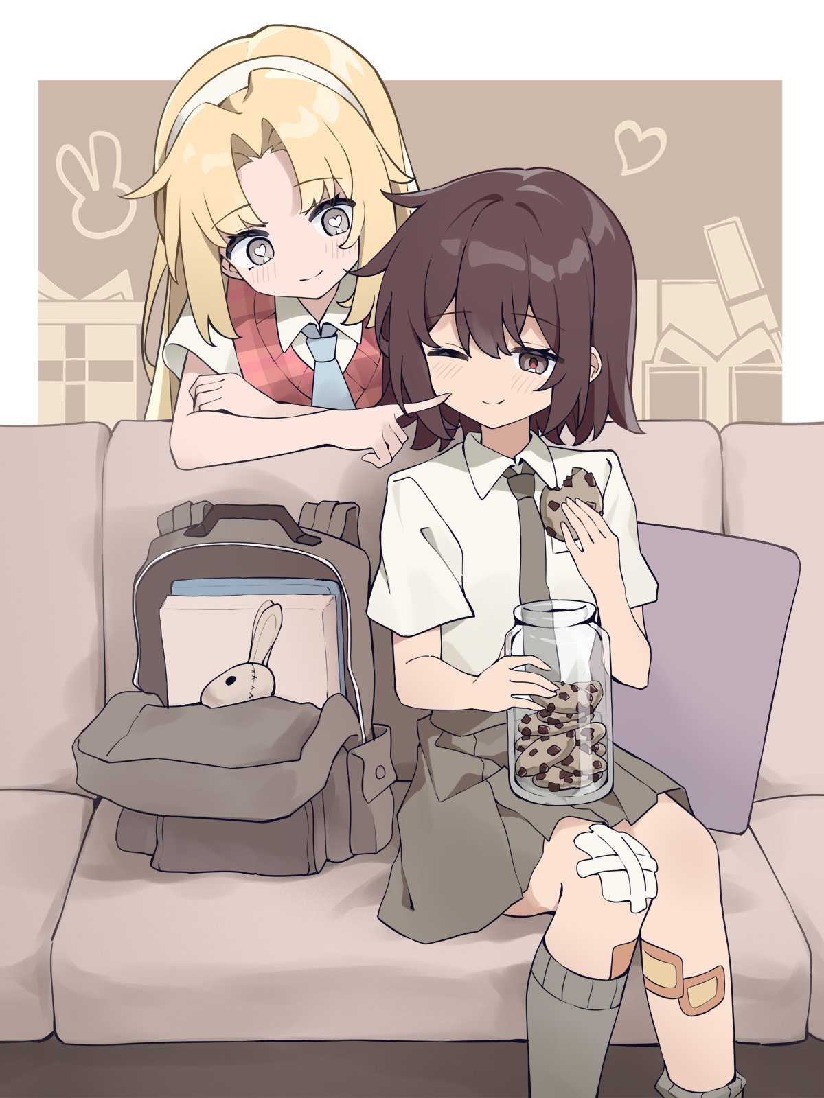 2girls amelia_lee backpack bag bandaid bandaid_on_leg beatrice_reden blonde_hair blue_necktie blush breast_pocket brown_eyes brown_hair chocolate_chip_cookie closed_mouth collared_shirt cookie cookie_jar couch feet_out_of_frame food gauze_on_knee grey_eyes grey_necktie grey_skirt grey_socks hair_between_eyes hairband heart heart-shaped_pupils highres holding holding_cookie holding_food holding_jar i_love_amy jar kneehighs knees_together_feet_apart looking_at_another maidcode1023 medium_hair miniskirt multiple_girls necktie one_eye_closed parted_bangs pillow pleated_skirt pocket red_sweater_vest school_uniform shirt short_sleeves single_kneehigh single_sock sitting skirt smile socks sweater_vest symbol-shaped_pupils v-neck white_hairband white_shirt yuri