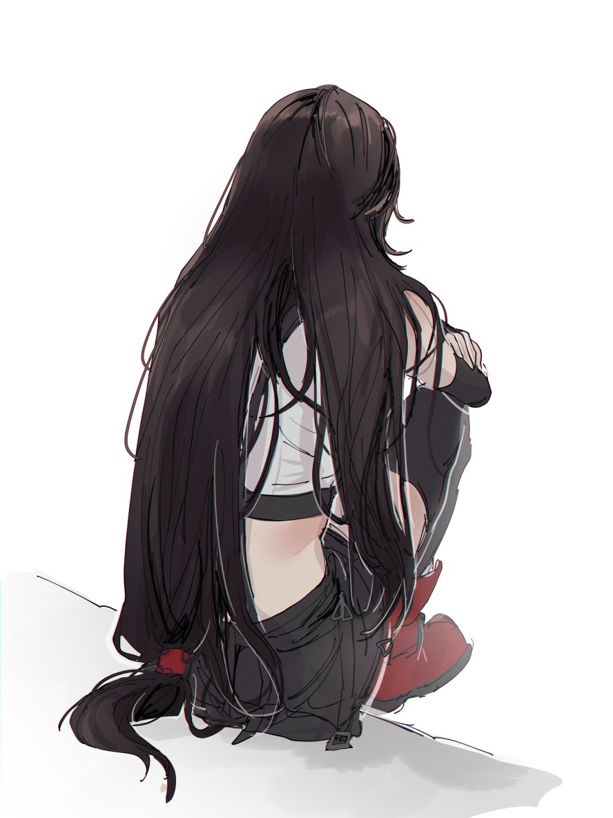 1girl arms_on_knees black_gloves black_skirt black_thighhighs boots brown_hair commentary crop_top cropped_shirt crossed_arms detached_sleeves elbow_gloves english_commentary facing_ahead final_fantasy final_fantasy_vii final_fantasy_vii_rebirth final_fantasy_vii_remake fingerless_gloves from_behind full_body gloves hair_over_shoulder knees_to_chest long_hair low-tied_long_hair messy_hair midriff pudelmudel red_footwear simple_background sitting skirt solo straight_hair tank_top thigh-highs tifa_lockhart very_long_hair white_background white_tank_top