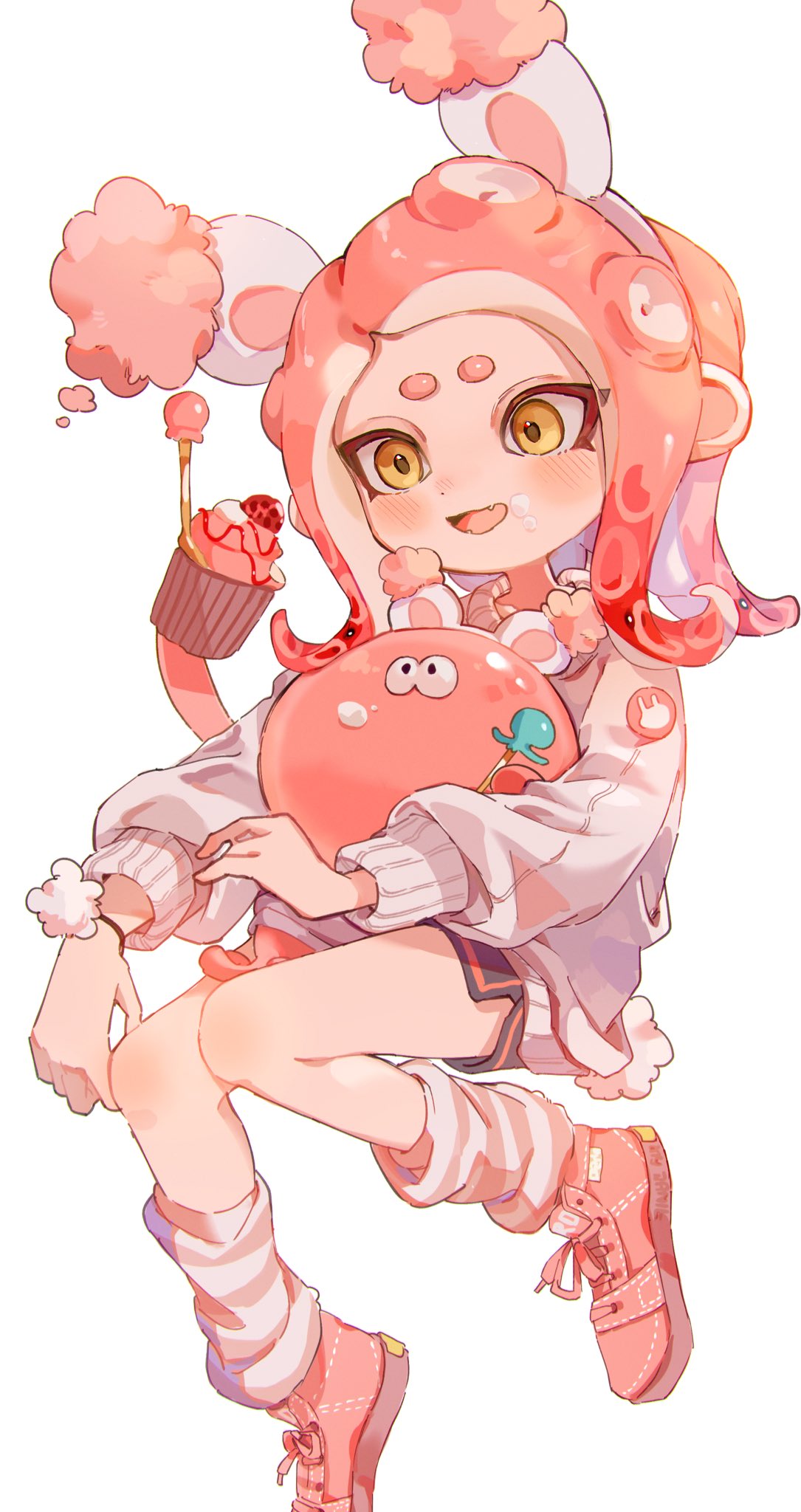 1girl animal_ears black_shorts commentary cross-laced_footwear cupcake fake_animal_ears food full_body highres jellyfish_(splatoon) leg_warmers medium_hair octoling octoling_girl octoling_player_character open_mouth pink_footwear pink_hair rabbit_ears shoes shorts simple_background smile splatoon_(series) sweater symbol-only_commentary tentacle_hair thick_eyebrows white_background yellow_eyes yksb_inc6