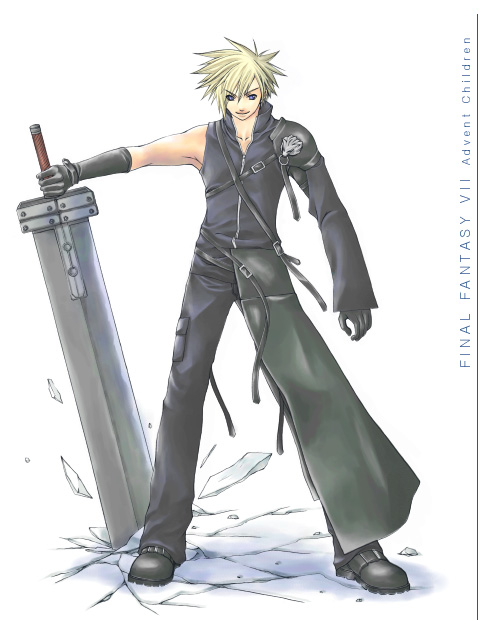 1boy armor asymmetrical_sleeves bad_id black_footwear black_gloves black_pants black_vest blonde_hair blue_eyes boots cloud_strife commentary_request copyright_name crack cracked_floor elbow_gloves final_fantasy final_fantasy_vii final_fantasy_vii_advent_children full_body gloves high_collar holding holding_sword holding_weapon looking_down male_focus pants pauldrons planted planted_sword rendezvous short_hair shoulder_armor shoulder_strap single_pauldron smile solo spiky_hair standing sword vest weapon white_background