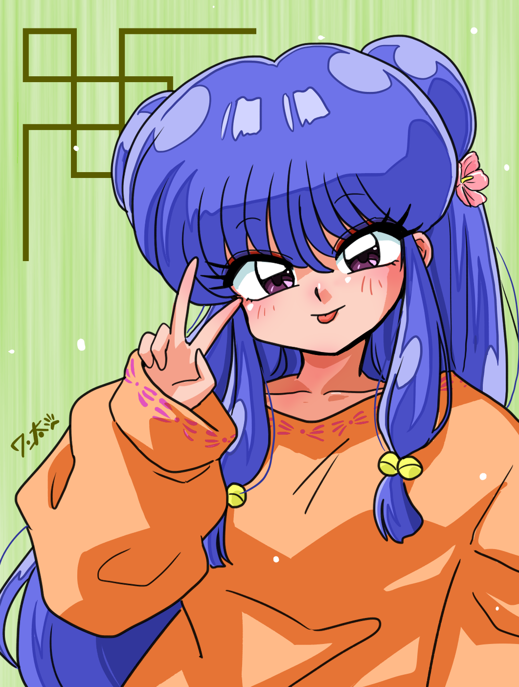 1girl abstract_background bell blush double_bun flower green_background hair_bell hair_bun hair_flower hair_ornament hand_gesture hand_up highres long_hair long_sleeves looking_at_viewer orange_sweater pink_flower purple_hair ranma_1/2 shampoo_(ranma_1/2) signature sweater tongue tongue_out v violet_eyes wanta_(futoshi)
